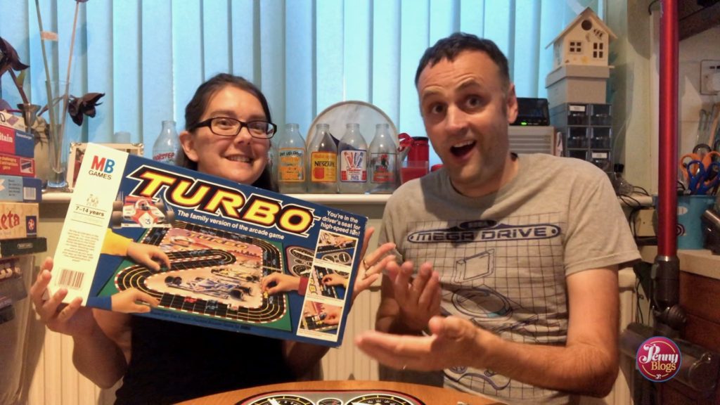 A still from the Penny Plays video review of Turbo - the 1983 board game from MB Games