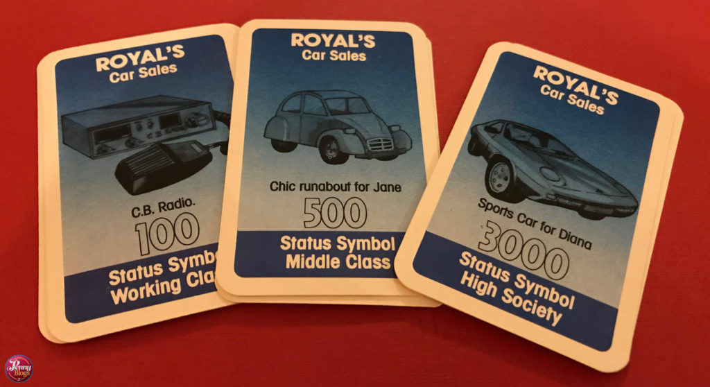 Ratrace - a picture of the status symbol cards from Royal's in the 1984 version of Ratrace by Waddingtons