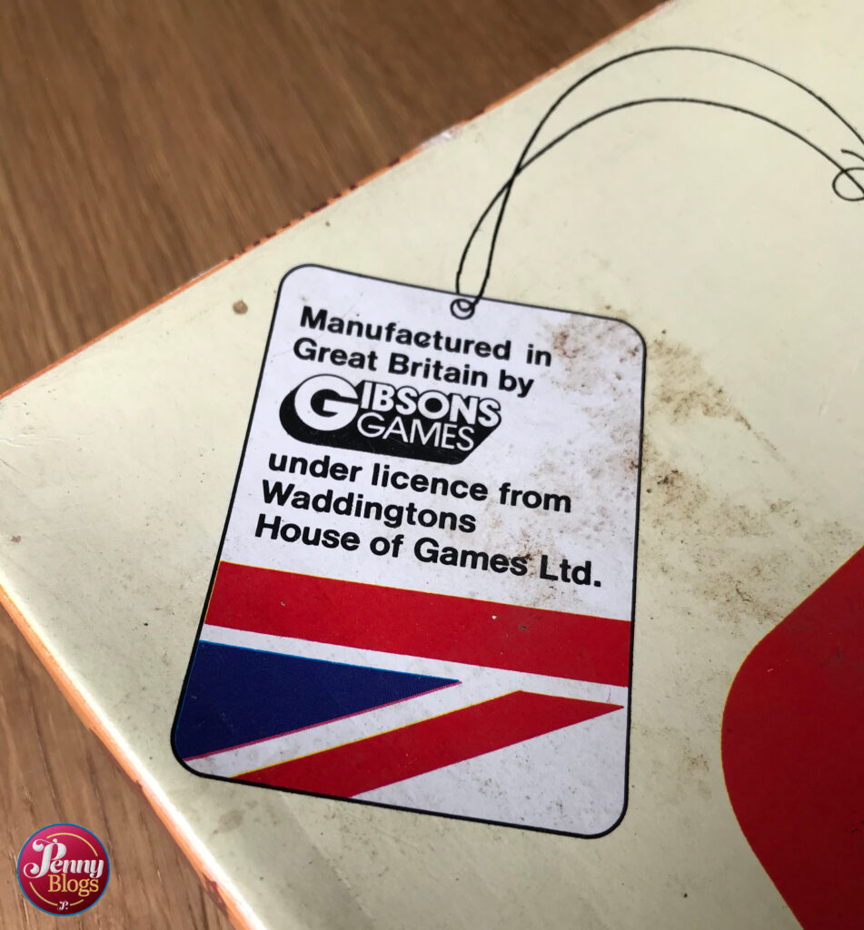 Notice on the Travel Go board game saying that the game was made by Gibsons under licence from Waddingtons