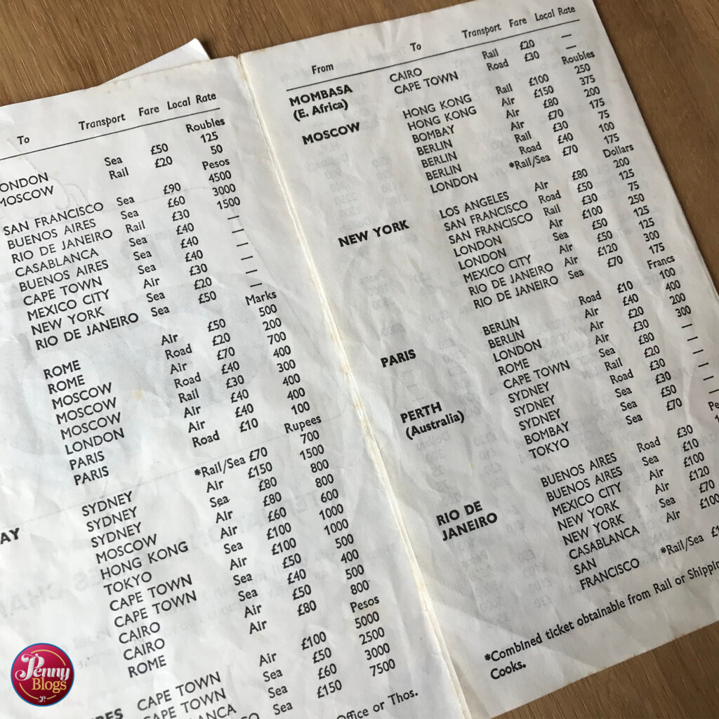 An example of one of the fares charts from vintage Board Game Travel Go