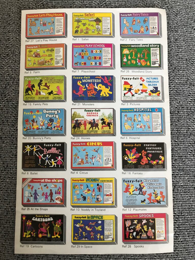 The leaflet from inside the box showing the different sets available.