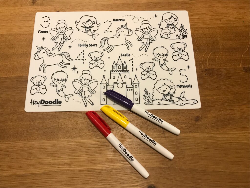 The silicon drawing mat laid out with the three pens.