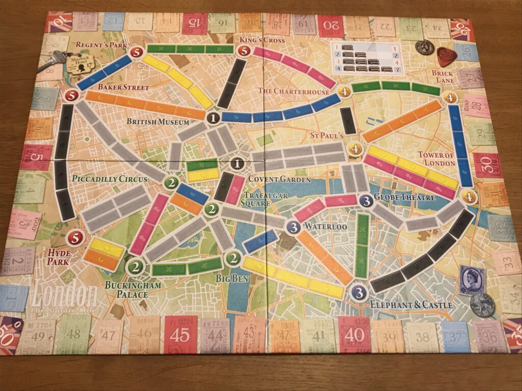 The TTR London board with various destinations marked on it.